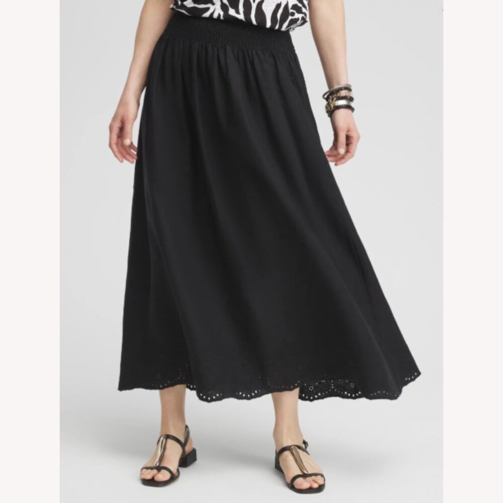 Chico's Black Linen Scalloped Hem Midi Skirt NWT Size 00 (XS)